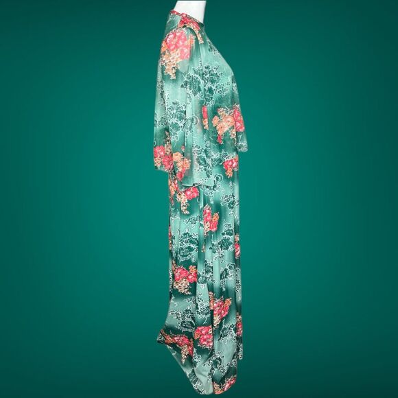 Vintage 60s Green Pink Flower Power Sleeveless Dress W/ Sheer Matching Topper 12 - Picture 4 of 11